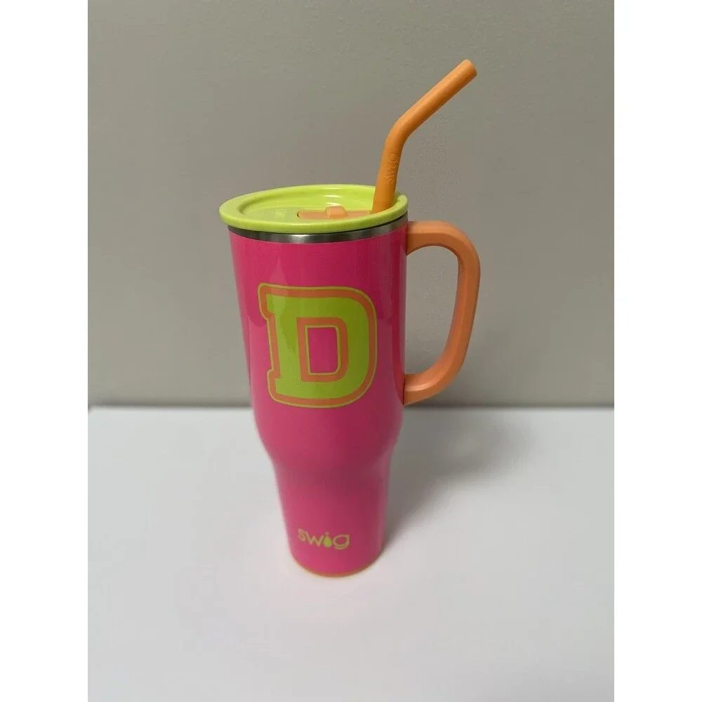SWIG Life 40 oz Initial D Pink Mug Tumbler with Lid And Straw